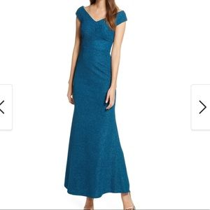 Eliza J Wide V-Neck Sparkle Trumpet Ball Gown